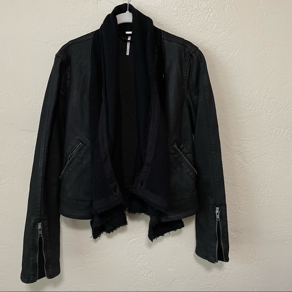 free people Drape Front Coated Moto Jean Jacket in Black Combo - 2 - Picture 3 of 13